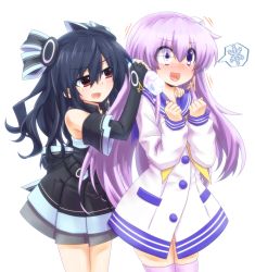 Rule 34 | 10s, 2girls, bare shoulders, black hair, blush, bottle, breasts, cold, d-pad, elbow gloves, gloves, hair ornament, long hair, mizunashi (second run), multiple girls, nepgear, neptune (series), purple eyes, purple hair, red eyes, smile, snowflakes, surprised, thighhighs, trembling, twintails, two side up, uni (neptunia)