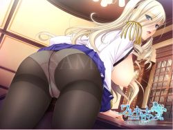 Rule 34 | 10s, ass, blonde hair, blue eyes, breasts, breasts out, celia kumani entory, drill hair, covered erect nipples, large breasts, long hair, nipples, open mouth, panties, pantyhose, pleated skirt, sideboob, skirt, underwear, walkure romanze