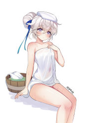 Rule 34 | 1girl, absurdres, arius esquede, bare shoulders, bucket, counter:side, covered navel, highres, looking at viewer, maett, naked towel, purple eyes, see-through, simple background, sitting, solo, towel, towel on head, wet, white background, white hair, wooden bucket