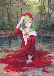 Rule 34 | 1girl, between legs, bow, branch, bush, cherry blossoms, closed mouth, dress, dripping, forest, front ponytail, frown, grass, green eyes, green hair, hair bow, hair down, hand between legs, hand up, hat, highres, jq, kagiyama hina, leaf, lips, long hair, long sleeves, matching hair/eyes, nature, off-shoulder dress, off shoulder, partially submerged, petals, plant, pond, red bow, red dress, red hat, rock, shore, sitting, sleeve cuffs, solo, tareme, touhou, tree, wariza, water, water drop, wet, wet clothes, wet dress, wet hair