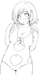 Rule 34 | 10s, 1girl, blush, breasts, casual one-piece swimsuit, cleavage, clothing cutout, collarbone, flower, greyscale, hair flower, hair ornament, highres, idolmaster, idolmaster cinderella girls, large breasts, lineart, mimura kanako, monochrome, navel, navel cutout, one-piece swimsuit, plump, short hair, solo, swimsuit, underboob, underboob cutout, zanzi