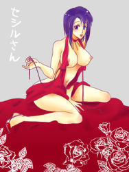 Rule 34 | 1girl, bare shoulders, breasts, cecile croomy, code geass, dress, female focus, grey background, high heels, large breasts, looking at viewer, lowres, midriff, navel, nipples, no bra, presenting, purple eyes, purple hair, shoes, short hair, simple background, sitting, solo, the (pixiv165889), translated, wariza