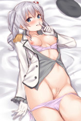 Rule 34 | 10s, 1girl, blue eyes, blush, bra, bra pull, breasts, censored, clothes pull, commentary request, epaulettes, female pubic hair, finger to mouth, frilled sleeves, frills, gloves, highres, kantai collection, kashima (kancolle), long hair, looking at viewer, lying, mikazuchi zeus, military, military uniform, on back, panties, panty pull, pink bra, pink panties, pubic hair, shushing, sidelocks, silver hair, sketch, smile, solo, tsurime, twintails, underwear, uniform, wavy hair, white gloves