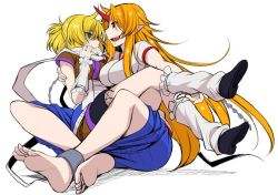 Rule 34 | 2girls, ankle cuffs, anklet, arm warmers, barefoot, black footwear, blonde hair, blue skirt, bow, brown shirt, carrying, chain, eichi yuu, green eyes, half updo, horns, hoshiguma yuugi, indian style, jewelry, long hair, looking at another, mizuhashi parsee, multiple girls, open mouth, orange hair, princess carry, red eyes, scarf, scarf bow, shaded face, shirt, shoes, short sleeves, simple background, single horn, sitting, sitting on lap, sitting on person, skirt, smile, touhou, very long hair, white background, white legwear, white scarf, white shirt