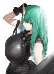 Rule 34 | 1girl, arknights, armband, armor, black gloves, black jacket, black shirt, breastplate, breasts, closed mouth, clothes around waist, commentary, from above, from side, gloves, green hair, hair between eyes, hand on own head, hannya (arknights), highres, holding, holding shield, horns, hoshiguma (arknights), huge breasts, jacket, jacket around waist, long hair, looking at viewer, makino, shield, shirt, simple background, single horn, skin-covered horns, sleeveless, sleeveless shirt, solo, straight hair, upper body, v-shaped eyebrows, white background, yellow eyes