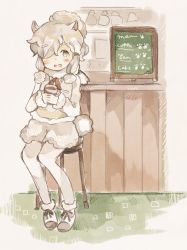 Rule 34 | 10s, 1girl, :d, alpaca ears, alpaca suri (kemono friends), alpaca tail, alternate eye color, animal ears, ankle boots, beige eyes, beige legwear, blonde hair, blush, boots, brown ribbon, carpet, chalkboard, collar, commentary request, cup, english text, eyebrows, footwear ribbon, full body, fur-trimmed boots, fur-trimmed sleeves, fur collar, fur trim, hair bun, hair over one eye, hair ribbon, holding, holding cup, indoors, kemono friends, knees together feet apart, long sleeves, looking at viewer, neck ribbon, nose blush, onigiri (ginseitou), open mouth, pantyhose, pocket, red ribbon, ribbon, short hair, single hair bun, sitting, smile, solo, stool, swept bangs, tail, tareme, teacup, thick eyebrows, tress ribbon