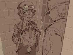 Rule 34 | 1boy, 1girl, 2equal8, alley, belt, breasts, brick wall, cabbie hat, cleft of venus, collared shirt, detective girl steam city, fingerless gloves, gloves, goggles, goggles on headwear, hat, jacket, looking at another, monochrome, necktie, nipples, open clothes, open fly, open jacket, open shirt, pants, pussy, sepia, shirt, short hair, small breasts, sophie (detective girl steam city), sweat