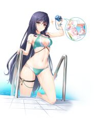 Rule 34 | 1girl, arm up, armlet, bare arms, bare legs, bare shoulders, bikini, breasts, camera, cleavage, closed mouth, closers, criss-cross halter, eunha (closers), gluteal fold, green bikini, green eyes, halterneck, highres, holding, holding camera, long hair, looking at viewer, medium breasts, multi-strapped bikini bottom, multi-strapped bikini top, multiple straps, navel, non-web source, official art, pool ladder, purple hair, ribbon, seulbi lee, smile, solo, sparkle, speech bubble, stomach, string bikini, swimsuit, thigh strap, thighs, very long hair, wet, wrist ribbon
