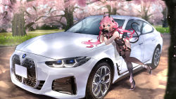 Rule 34 | 1girl, black footwear, black gloves, black thighhighs, blue eyes, bmw, bmw i4, bodystocking, breasts, car, eyepatch, fingerless gloves, gloves, hair ribbon, hands on own face, high heels, highres, indie virtual youtuber, long hair, low twintails, motor vehicle, one eye covered, pink hair, pink ribbon, ribbon, sakurada hane, single thighhigh, small breasts, thighhighs, twintails, vehicle focus, very long hair, virtual youtuber, you&#039;a