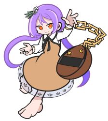 Rule 34 | 1girl, barefoot, biwa lute, brown dress, chain, closed mouth, commentary, crescent, dress, flower, hair flower, hair ornament, instrument, long hair, long sleeves, looking at viewer, lute (instrument), orange eyes, parody, purple hair, puyopuyo, shinmon akika, simple background, smile, solo, star (symbol), style parody, touhou, tsukumo benben, white background, white flower