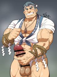 Rule 34 | 1boy, abs, arm hair, ass, bar censor, bara, beard, biceps, bracelet, censored, character request, clothing aside, cowboy shot, erection, facial hair, fundoshi, fundoshi aside, grin, hachimaki, hairy, happi, headband, highres, huge penis, japanese clothes, jewelry, large pectorals, male focus, male pubic hair, mature male, mosaic censoring, muscular, muscular male, navel, no pants, pectoral cleavage, pectorals, penis, pointing, pointing at self, pubic hair, rope, shirako (kirupi), short hair, sideburns, skindentation, smile, solo, stomach, stubble, thick eyebrows, thick thighs, thighs, tokyo houkago summoners, veins, veiny penis, water deity (housamo)