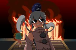 Rule 34 | 2girls, animal ears, backlighting, blue hat, burning, burning building, cigarette, clenched teeth, dog ears, dog tail, fire, green hair, hat, highres, japanese clothes, kariginu, kasodani kyouko, looking at viewer, messy hair, mononobe no futo, multiple girls, night, pink shirt, shirt, shrine, sifserf, silver hair, skirt, smoking, stairs, sunglasses, sweat, tagme, tail, tate eboshi, teeth, thighhighs, torn clothes, touhou, twintails, v-shaped eyebrows