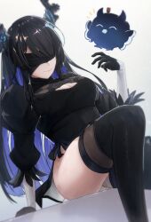 Rule 34 | 1girl, 2b (nier:automata), 2b (nier:automata) (cosplay), absurdres, asymmetrical horns, black blindfold, black dress, black gloves, black hair, blindfold, blue hair, breasts, cleavage, cleavage cutout, clothing cutout, colored inner hair, cosplay, demon horns, dress, gloves, hair ornament, highres, hololive, hololive english, horns, jailbird (nerissa ravencroft), juliet sleeves, large breasts, leotard, long hair, long sleeves, mole, mole under eye, multicolored hair, nerissa ravencroft, nier (series), puffy sleeves, red eyes, smile, solo, thick thighs, thighhighs, thighs, two-tone hair, uneven horns, virtual youtuber, zeranium (zeranium17)