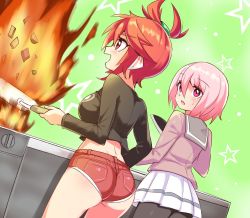 Rule 34 | 100 percent orange juice, 2girls, ass, blush, breasts, cooking, cougar (cougar1404), denim, denim shorts, fire, from behind, frying pan, kae (orange juice), knife, large breasts, multiple girls, natsumi (xss), open mouth, pantyhose, pink eyes, pink hair, red eyes, red hair, red shorts, school uniform, shiny clothes, shiny skin, short hair, short shorts, shorts, sideboob, skirt, smile, sweatdrop