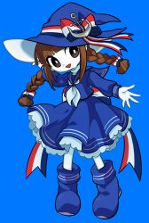 Rule 34 | 1girl, absurdres, anchor hat ornament, back bow, blue background, blue bow, blue dress, blue footwear, blue sailor collar, blunt bangs, boots, bow, braid, brown eyes, brown hair, colored skin, commentary request, dress, full body, funamusea, hair bow, hand on headwear, hat, hat ornament, highres, long hair, long sleeves, looking at viewer, low twin braids, multiple hair bows, neckerchief, oounabara to wadanohara, open mouth, osasimiyabai, outstretched arm, petticoat, red bow, sailor collar, sailor dress, sidelocks, simple background, smile, solo, striped, striped bow, turtleneck, twin braids, undershirt, wadanohara, white bow, white neckerchief, white skin, witch hat