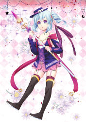 Rule 34 | 10s, 1girl, :o, ange vierge, bare shoulders, black thighhighs, blue hair, boots, checkered background, commentary request, detached sleeves, drill hair, flower, flower request, garter straps, highres, original, purple eyes, sabu (sabudenego), side drill, solo, staff, thigh boots, thighhighs