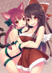 Rule 34 | 2girls, :d, alternate costume, animal ears, bare shoulders, black hair, blush, bow, braid, breasts, cat ears, cat tail, cleavage, collarbone, dress, extra ears, fur trim, green bow, green ribbon, hair bow, hug, kaenbyou rin, long hair, looking at viewer, medium breasts, minamura haruki, multiple girls, multiple tails, naked ribbon, navel, nekomata, open mouth, pointy ears, red bow, red dress, red eyes, red hair, reiuji utsuho, ribbon, santa costume, sash, short dress, smile, strapless, strapless dress, tail, tongue, tongue out, touhou, twin braids, two tails, white wings, wings