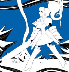 Rule 34 | 1boy, armor, armored dress, blue background, boots, cibastion, curvy, demi (cibastion), dress, eyelashes, feminine, full body, high heel boots, high heels, highres, holding, holding sword, holding weapon, long hair, looking up, male focus, original, ponytail, rock, rocks, shoulder armor, sidelocks, solo, sword, trap, walking, weapon
