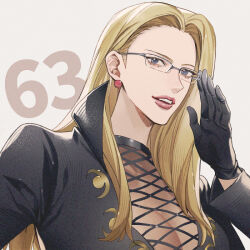Rule 34 | 1girl, adjusting eyewear, black dress, black gloves, blonde hair, commentary request, dress, earrings, fishnet top, fishnets, glasses, gloves, hair behind ear, hand on eyewear, jewelry, kalifa (one piece), looking at viewer, numbered, one piece, pearl earrings, pink lips, simple background, smile, solo, upper body, yoshicha