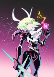 Rule 34 | 1boy, armored boots, ascot, belt, bishounen, black gloves, black jacket, boots, claws, earrings, fire, gloves, green hair, highres, horns, jacket, jewelry, lio fotia, looking at viewer, male focus, promare, purple eyes, pyrokinesis, short hair, smile, solo, sword, usagineko, weapon