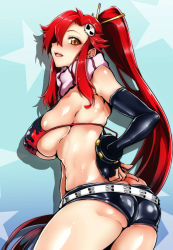 Rule 34 | 1girl, absurdres, ass, belt, bikini, bikini top only, blush, breasts, butt crack, elbow gloves, female focus, flame print, from behind, gggg, gloves, gun, hair ornament, highres, large breasts, long hair, looking at viewer, looking back, ponytail, red hair, rifle, scarf, shiny skin, short shorts, shorts, skindentation, skull hair ornament, sniper rifle, solo, standing, striped clothes, striped scarf, studded belt, swimsuit, tengen toppa gurren lagann, underboob, weapon, yoko littner