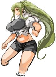 Rule 34 | 1girl, bike shorts, breasts, cropped legs, female focus, green hair, groin, high ponytail, highres, large breasts, long hair, navel, original, parted lips, ponytail, sachito, sidelocks, simple background, solo, sumi-chan (sachito), very long hair, white background, yellow eyes