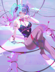 Rule 34 | 1girl, animal ears, bare shoulders, black leotard, blue hair, breasts, brown pantyhose, cleavage, clothing cutout, collar, detached collar, fake animal ears, foot out of frame, heart cutout, highres, leotard, medium breasts, pantyhose, playboy bunny, rabbit ears, rabbit hole (vocaloid), sansan (dongfangzhong111), solo, twintails, white collar