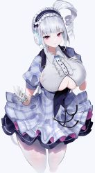 Rule 34 | 1girl, azur lane, breasts, clothing cutout, covered navel, dido (azur lane), dido (muse) (azur lane), dress, drill hair, ekaki no mime, gloves, headphones, highres, large breasts, looking at viewer, maid headdress, pantyhose, purple eyes, side ponytail, sideboob, silver hair, underboob, white background, white gloves, white pantyhose