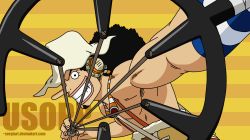 Rule 34 | 1boy, black hair, character name, facial hair, goatee, goggles, grin, hat, headphones, highres, kuro kabuto, long nose, looking at viewer, male focus, one piece, ponytail, slingshot (weapon), smile, solo, suspenders, usopp, wallpaper, weapon
