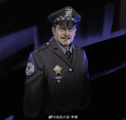 Rule 34 | 1boy, absurdres, black jacket, black necktie, blue eyes, brown hair, chinese commentary, cleft chin, commentary request, facial hair, hat, highres, jacket, male focus, mustache, necktie, original, police, police badge, police hat, police uniform, policeman, rui li, serious, solo, uniform, upper body, watermark
