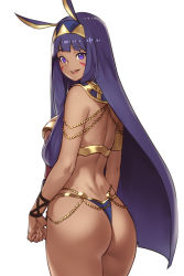 Rule 34 | 1girl, animal ears, ass, blush, bracelet, cowboy shot, dark-skinned female, dark skin, earrings, egyptian, egyptian clothes, facial mark, fake animal ears, fate/grand order, fate (series), from behind, hairband, highres, hoop earrings, houtengeki, jewelry, long hair, looking at viewer, looking back, matching hair/eyes, nitocris (fate), open mouth, purple eyes, purple hair, simple background, smile, solo, standing, thong, very long hair, white background