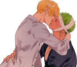 Rule 34 | 2boys, bandaged chest, bandaged head, bandages, black shirt, blonde hair, colored skin, earrings, flustered, green hair, half-closed eyes, highres, jewelry, kiss, kzwtr8, male focus, mature male, multiple boys, one piece, roronoa zoro, sanji (one piece), scar, scar on chest, shirt, short hair, simple background, single earring, tan, teeth, white background, white shirt, white skin, yaoi