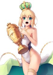 Rule 34 | 1girl, absurdres, ahoge, artoria pendragon (all), artoria pendragon (fate), artoria pendragon (swimsuit archer) (third ascension) (fate), blonde hair, blush, boa (brianoa), cowboy shot, crown, fate/grand order, fate/stay night, fate (series), green eyes, hair bun, highres, holding, one-piece swimsuit, open mouth, saber (fate), simple background, single hair bun, smile, solo, swimsuit, trophy, white background, white one-piece swimsuit