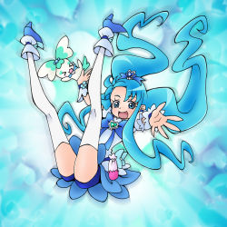 Rule 34 | 10s, 1girl, bike shorts, blue background, blue eyes, blue hair, blue skirt, blue theme, bow, brooch, coffret (heartcatch precure!), creature, cure marine, eunos, full body, hair ornament, heart, heart background, heart brooch, heart hair ornament, heartcatch precure!, jewelry, kurumi erika, long hair, magical girl, outstretched hand, precure, ribbon, shoes, shorts, shorts under skirt, skirt, smile, thighhighs, white thighhighs, wrist cuffs