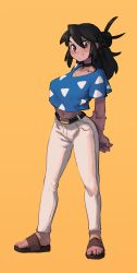 Rule 34 | 1girl, absurdres, belt, black belt, black hair, blue shirt, blush, borrowed character, breasts, highres, large breasts, long hair, lucia (scott malin), midriff, navel, original, pants, parted lips, piku184, print shirt, sandals, shirt, simple background, smile, solo, white pants, yellow background