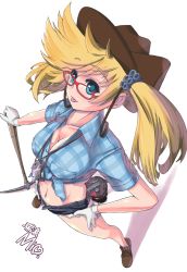 Rule 34 | 1girl, alternate breast size, black shorts, blonde hair, blue eyes, blue shirt, breasts, brown footwear, brown headwear, cleavage, glasses, gloves, highres, jewelry, large breasts, looking at viewer, mizunami fossil museum, mizunami mio, navel, necklace, nenchi, pickaxe, plaid, plaid shirt, red-framed eyewear, seashell, shadow, shell, shirt, shoes, shorts, simple background, solo, tied shirt, tongue, tongue out, twintails, white background, white gloves
