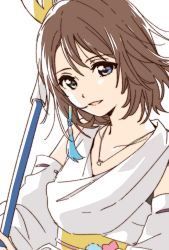 Rule 34 | 1girl, blue eyes, brown hair, final fantasy, final fantasy x, green eyes, hakama, hakama skirt, heterochromia, highres, japanese clothes, jewelry, looking at viewer, namori, necklace, short hair, simple background, skirt, smile, solo, weapon, white background, yuna (ff10)