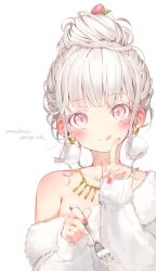 Rule 34 | 1girl, :q, artist name, bare shoulders, body blush, cake, colored eyelashes, earrings, english text, fingernails, food, fruit, fur trim, gold trim, head tilt, highres, holding, jewelry, looking at viewer, multicolored nails, nail polish, off shoulder, original, pink eyes, ryota (ry o ta), short hair, signature, simple background, sleeves past wrists, solo, strawberry, strawberry shortcake, tongue, tongue out, upper body, white background, white hair
