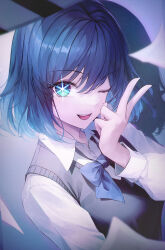 Rule 34 | 1girl, ;d, absurdres, black sweater vest, blue bow, blue bowtie, blue eyes, blue hair, bow, bowtie, collared shirt, commentary, crystalherb, highres, kurokawa akane, long sleeves, looking at viewer, one eye closed, open mouth, oshi no ko, school uniform, shirt, short hair, smile, solo, star-shaped pupils, star (symbol), sweater vest, symbol-only commentary, symbol-shaped pupils, teeth, upper body, upper teeth only, v