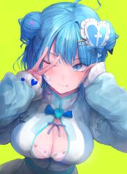 Rule 34 | 1girl, :p, absurdres, ahoge, arahashi tabi, bandaid, bandaid on cheek, bandaid on face, blue bow, blue dress, blue eyes, blue hair, blue ribbon, blush, bow, breasts, chan1moon, cleavage, cleavage cutout, closed mouth, clothing cutout, commentary, double bun, dress, hair bun, hair ornament, hairclip, hands up, heart, heart hair ornament, highres, large breasts, long sleeves, looking at viewer, medium hair, nail polish, one eye closed, pink nails, puffy long sleeves, puffy sleeves, raised eyebrow, ribbon, simple background, sleeves past wrists, smile, solo, stellive, thick eyelashes, tongue, tongue out, two-tone dress, upper body, v over eye, virtual youtuber, white dress, yellow background