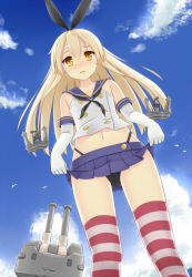 Rule 34 | 10s, 1girl, :3, black panties, blonde hair, blush, elbow gloves, frown, gloves, hairband, kantai collection, long hair, looking at viewer, navel, panties, pantyshot, personification, rensouhou-chan, shimakaze (kancolle), skirt, standing, striped clothes, striped thighhighs, thighhighs, tsuchikure, underwear, upskirt