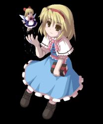 Rule 34 | 1girl, alice margatroid, black background, blonde hair, blue dress, book, brown eyes, capelet, doll, dress, fairy wings, female focus, flying, frills, fukaiton, grimoire, grimoire of alice, hair between eyes, holding, holding book, lowres, oekaki, shanghai doll, short hair, simple background, solo, touhou, weapon, wings