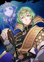 Rule 34 | 1boy, 1girl, bare shoulders, book, byleth (fire emblem), byleth (male) (fire emblem), cape, crown, dagger, fire emblem, fire emblem: three houses, fire emblem heroes, green eyes, green hair, hair between eyes, hair ribbon, hand on another&#039;s shoulder, high collar, highres, holding, holding book, knife, long hair, looking at viewer, multicolored hair, nakabayashi zun, nintendo, pointy ears, ribbon, short hair, smile, sothis (fire emblem), tiara, upper body, very long hair, weapon