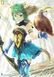Rule 34 | 1girl, animal ears, arm belt, artist name, atalanta (fate), bad id, bad pixiv id, bird, bird on hand, blonde hair, blue footwear, blue gloves, blue skirt, boots, bow (weapon), breasts, cat ears, cat tail, chinchongcha, choker, day, fate/apocrypha, fate (series), floating hair, gloves, green eyes, green hair, highres, holding, holding bow (weapon), holding weapon, miniskirt, multicolored hair, outdoors, pleated skirt, sideboob, skirt, small breasts, solo, stairs, standing, striped, tail, thigh boots, thighhighs, two-tone hair, watermark, weapon, web address