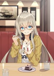 Rule 34 | 1girl, absurdres, blue eyes, blurry, cake, cake slice, ceiling light, collarbone, cup, drinking glass, food, glasses, grey hair, grin, headphones, headphones around neck, highres, holding, indoors, jacket, jewelry, kaosu kun, long hair, looking at viewer, necklace, open clothes, open jacket, original, picture frame, red-framed eyewear, shirt, smile, solo, table, white shirt, yellow jacket