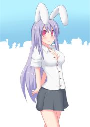 Rule 34 | 1girl, animal ears, arms behind back, bad id, bad pixiv id, breasts, cleavage, female focus, gradient background, large breasts, long hair, nase, purple hair, rabbit ears, red eyes, reisen udongein inaba, skirt, sky, solo, touhou, white background