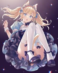 Rule 34 | 1girl, animal ears, blonde hair, blue bow, blue eyes, bow, cat ears, cat girl, cat tail, character request, copyright request, dress, e (ejkfogksiu sjsial), female focus, frills, gradient background, hair bow, headdress, high heels, highres, layered skirt, open mouth, puffy short sleeves, puffy sleeves, purple background, purple footwear, purple skirt, shoes, short sleeves, skirt, skirt under dress, solo, tail, thighhighs, twintails, white thighhighs, wrist cuffs