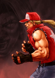 Rule 34 | 1boy, baseball cap, belt, buckle, clenched hands, cowboy shot, denim, fatal fury, fighting stance, from side, hat, jeans, male focus, muscular, pants, rugal bernstein, simulex, snk, solo, terry bogard, the king of fighters, upper body