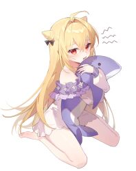 Rule 34 | 1girl, ahoge, barefoot, black bow, blonde hair, blush, bow, commentary request, cone hair bun, double-parted bangs, double bun, dress, eyelashes, frown, full body, hair between eyes, hair bow, hair bun, hair intakes, highres, hikikomari kyuuketsuki no monmon, holding, holding stuffed toy, hugging object, long hair, looking at viewer, lower teeth only, off-shoulder dress, off shoulder, open mouth, pointy ears, red eyes, short dress, simple background, sitting, slit pupils, solo, straight hair, stuffed animal, stuffed dolphin, stuffed toy, teeth, terakomari gandezblood, thighs, toes, tsurime, very long hair, wariza, white background, white dress, yunweishukuang