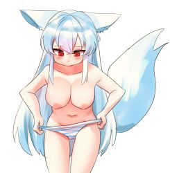 Rule 34 | 1girl, animal ear fluff, animal ears, bad id, bad twitter id, blue hair, breasts, highres, kosobin, large breasts, long hair, navel, nipples, original, panties, panty pull, pulling own clothes, red eyes, simple background, solo, striped clothes, striped panties, tail, thigh gap, topless, underwear, white background, wolf ears, wolf tail